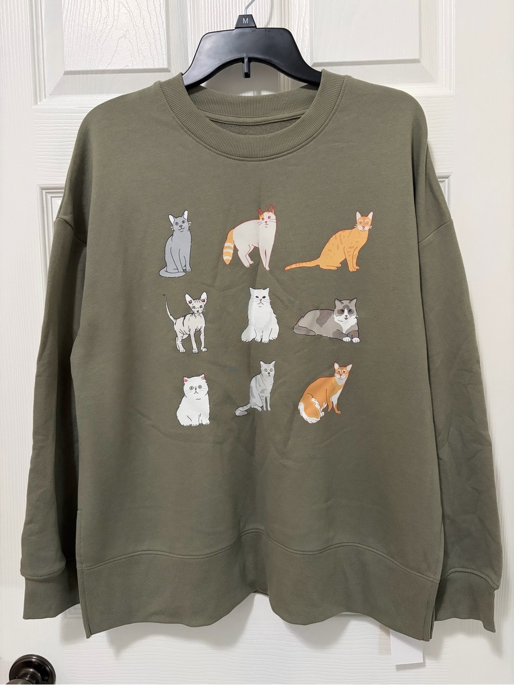 Fleurish Olive Green Cat Crewneck Sweatshirt with Multicolor Cat Prints